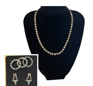 Vintage 50s Clear Rhinestone Choker Necklace Dangle Earrings 3 Rings Silver Tone